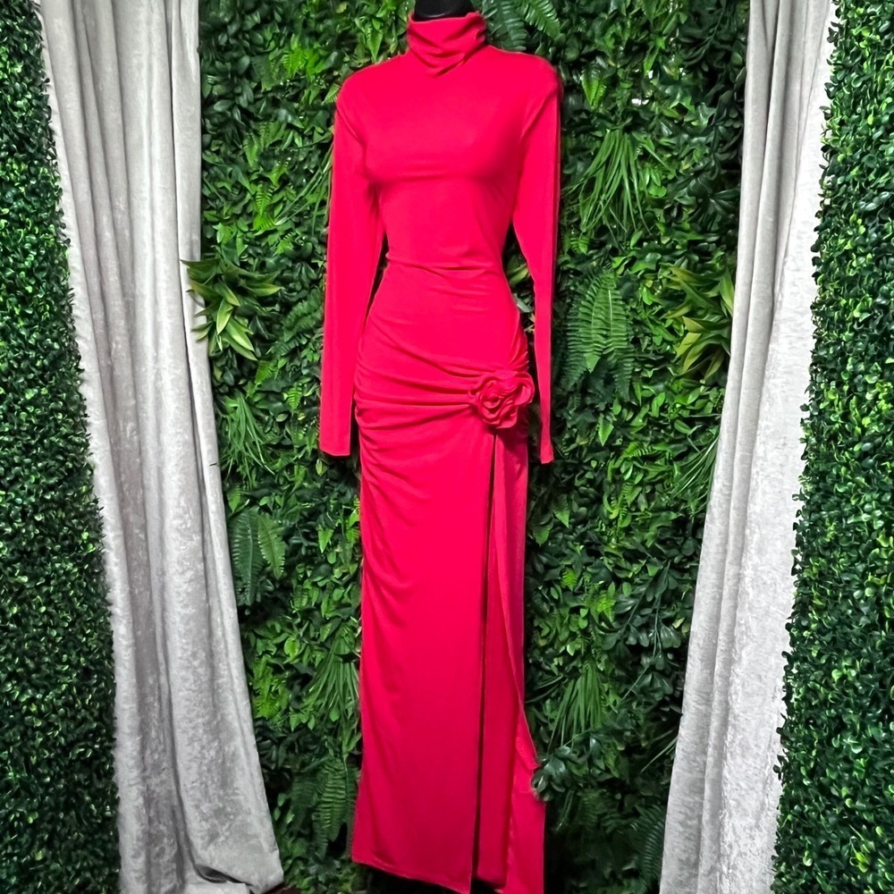 More To Come Dress Medium Red Rosette Turtleneck Long Sleeve Maxi Slit 3716